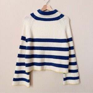 Miou Muse Blue & White Striped Trendy Mock Neck Sweater